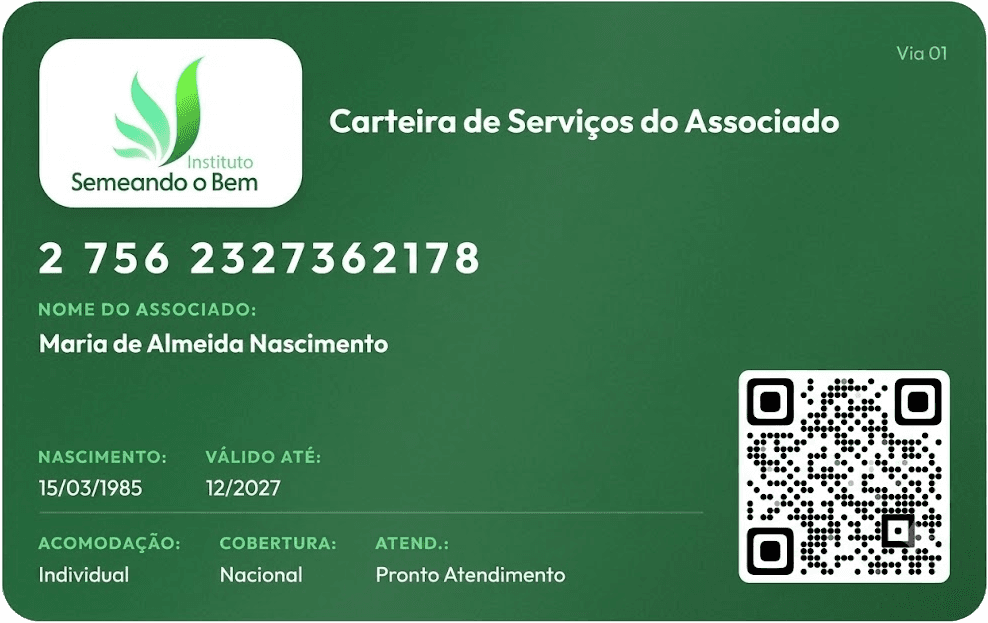 Carteira de Serviços do Associado do Instituto Semeando o Bem, com logo, número do associado, dados de cobertura e QR Code de validação.