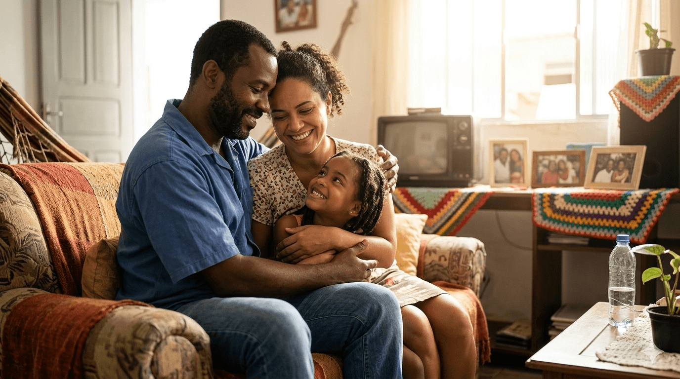 Família brasileira em casa, sorrindo juntos — cuidado e proteção acessíveis