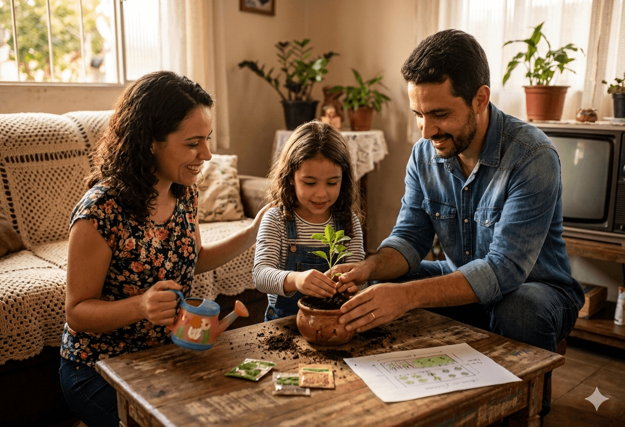 Pais e filhos compartilhando felicidade em um ambiente acolhedor
